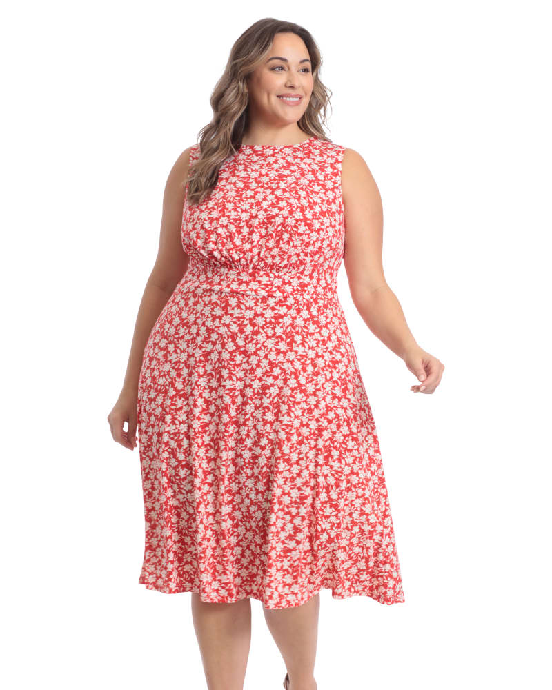 Front of a model wearing a size 24W Floral sleeveless inset waist fit and flare midi dress in Red/Ivory by London Times. | dia_product_style_image_id:268536